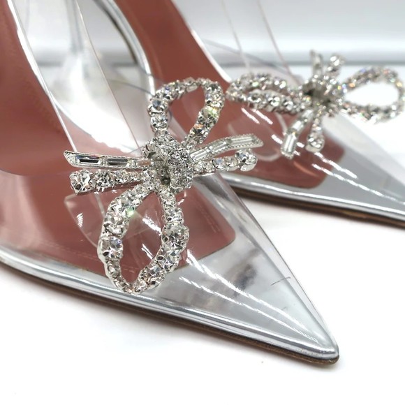 Amina Muaddi Rosie Glass Slingback Pumps Clear PVC Size 38.5 Crystal Bow Heels - Picture 3 of 12